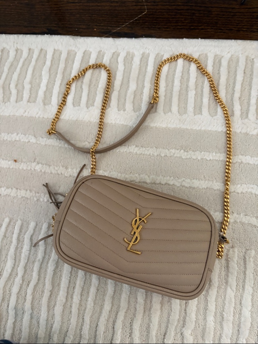 Saint Laurent Quilted Camera Crossbody in Taupe with Gold Hardware
